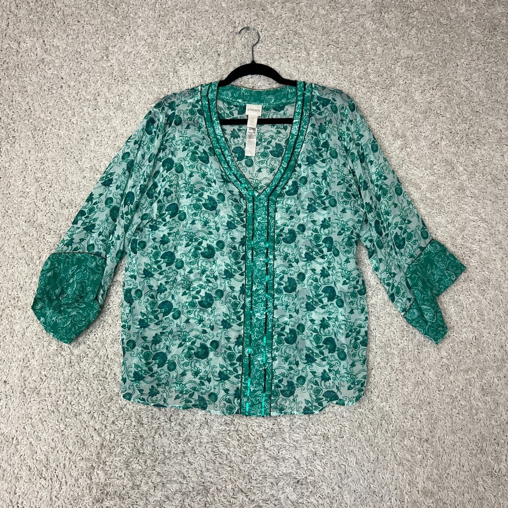 Chico's Sequin Pullover Blouse Size 1 Semi Sheer Floral Green Boho V Neck